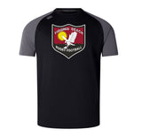 The Virginia Beach RFC Elite Training Tee by WRS Canterbury is a black and gray short-sleeved shirt with "Virginia Beach Rugby Football" and an eagle logo on the front. It features lightweight and durable Vapodri fabrics for optimal performance.