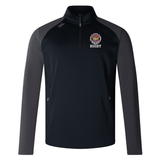 The Hampden Sydney College Elite 1/4 Zip Top by Canterbury, from the EMB Canterbury brand, is a black and dark grey long-sleeve sports jacket featuring a rugby team logo on the left chest and pockets on both sides. It is specifically designed for performance and comfort.