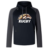 A Western Michigan University Men's Rugby Elite Training Hoody by WRS Canterbury, featuring a black and grey design with "RUGBY" text and a graphic of a horse's head on the front, crafted for performance and comfort using lower impact materials.