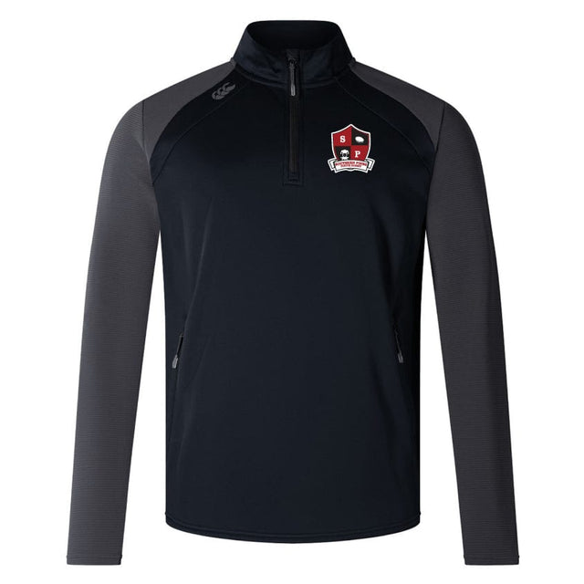 A black long-sleeve athletic pullover with dark gray sleeves, a quarter-zip neck, and a logo on the left chest, this versatile training top from EMB Canterbury's Southern Pines Youth Rugby Elite 1/4 Zip Top is made with lower impact materials.