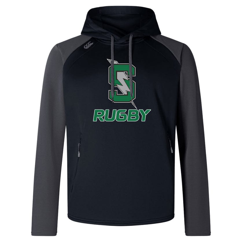 The Summit Rugby Elite Training Hoody by WRS Canterbury combines premium fabrics for performance comfort. Featuring a "S Rugby" logo on the front, its black body and gray sleeves offer a comfortable, versatile look adaptable to any occasion.