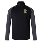 The Hampden Sydney College Elite First Layer by Canterbury from EMB Canterbury is a black and grey long-sleeve rugby shirt with a standing collar, quarter zipper, colorful emblem on the left chest area, and quick-drying VapoDri technology for ultimate comfort.