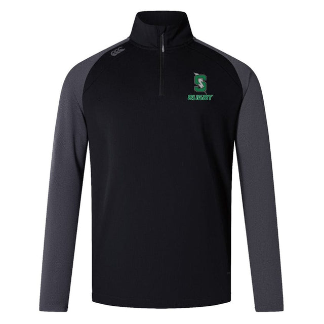 The Summit Rugby Women's Elite First Layer by Canterbury is a black and grey long-sleeve quarter-zip athletic shirt featuring an "S" logo and "Rugby" embroidered on the chest. Crafted from honeycomb fabric, it utilizes EMB Canterbury's VapoDri technology for superior moisture management.