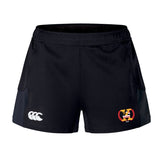 Introducing the Potomac Exiles Women's Advantage Short 2.0 by Canterbury: black athletic shorts from EMB Canterbury, featuring a white logo on the right leg and a colorful embroidered patch with a design on the left leg, crafted with recycled content for enhanced performance and sustainability.