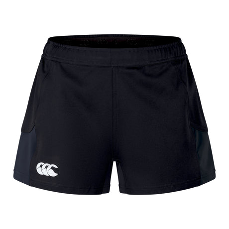 The Women's Canterbury Advantage Short 2.0, featuring a white logo on the left side, are black athletic shorts designed for peak performance using recycled materials.