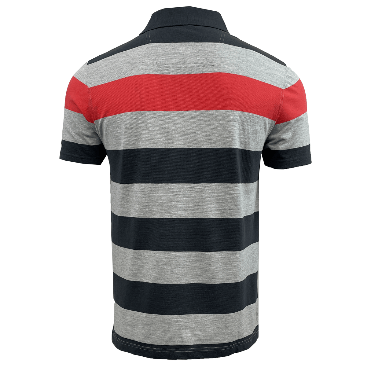 Rear view of a short-sleeved, Canterbury CCC Engineered Stripe Polo featuring horizontal stripes in black, red, and grey, complete with a ribbed collar.