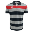 The Canterbury CCC Engineered Stripe Polo by Canterbury is a short-sleeved, collared polo featuring horizontal stripes in gray, black, and red. It includes an embroidered logo on the upper left chest and a ribbed collar.