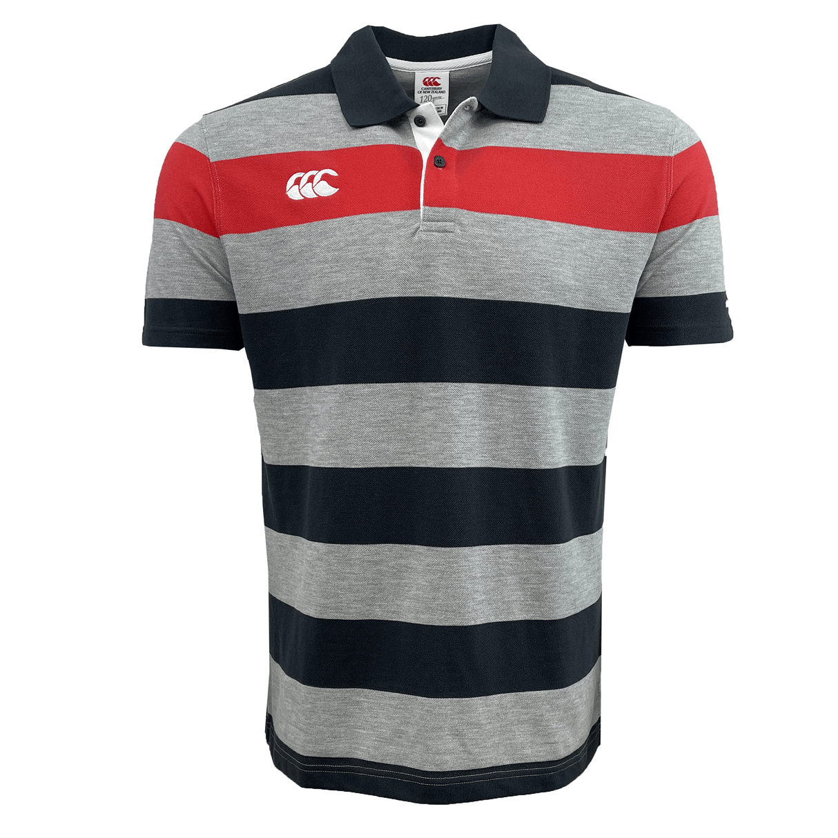 The Canterbury CCC Engineered Stripe Polo by Canterbury is a short-sleeved, collared polo featuring horizontal stripes in gray, black, and red. It includes an embroidered logo on the upper left chest and a ribbed collar.