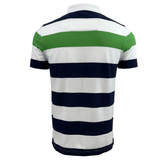 A back view of the Canterbury CCC Engineered Stripe Polo, a short-sleeved shirt featuring horizontal stripes in navy blue, white, and green.