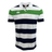 The Canterbury CCC Engineered Stripe Polo by Canterbury boasts wide horizontal navy, white, and green stripes, along with a ribbed collar. This short-sleeve shirt is adorned with an embroidered logo on the left chest area.