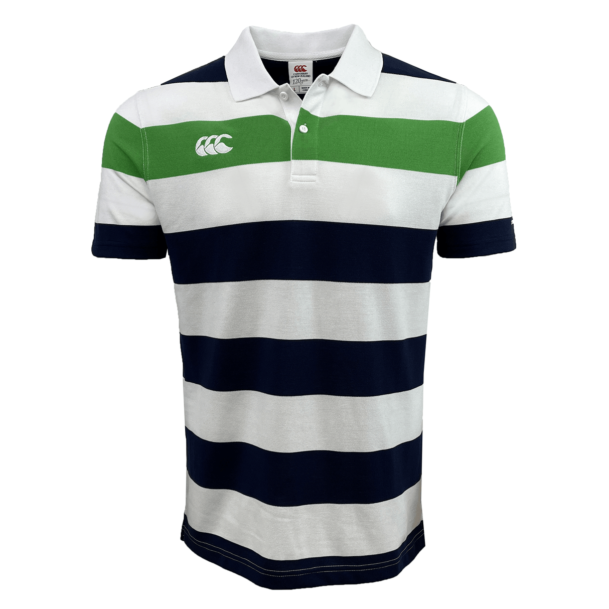 The Canterbury CCC Engineered Stripe Polo by Canterbury boasts wide horizontal navy, white, and green stripes, along with a ribbed collar. This short-sleeve shirt is adorned with an embroidered logo on the left chest area.