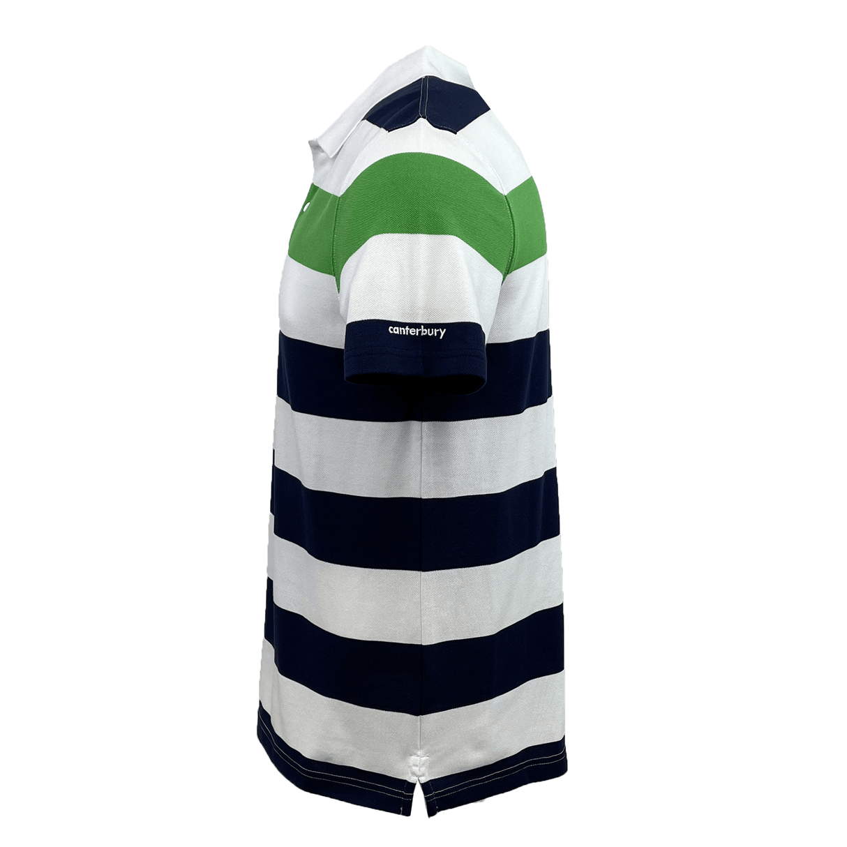 Side view of the Canterbury CCC Engineered Stripe Polo by Canterbury, featuring short sleeves and navy, white, and green horizontal bands. The shirt is adorned with "Canterbury" text on the sleeve and includes a ribbed collar for added style.