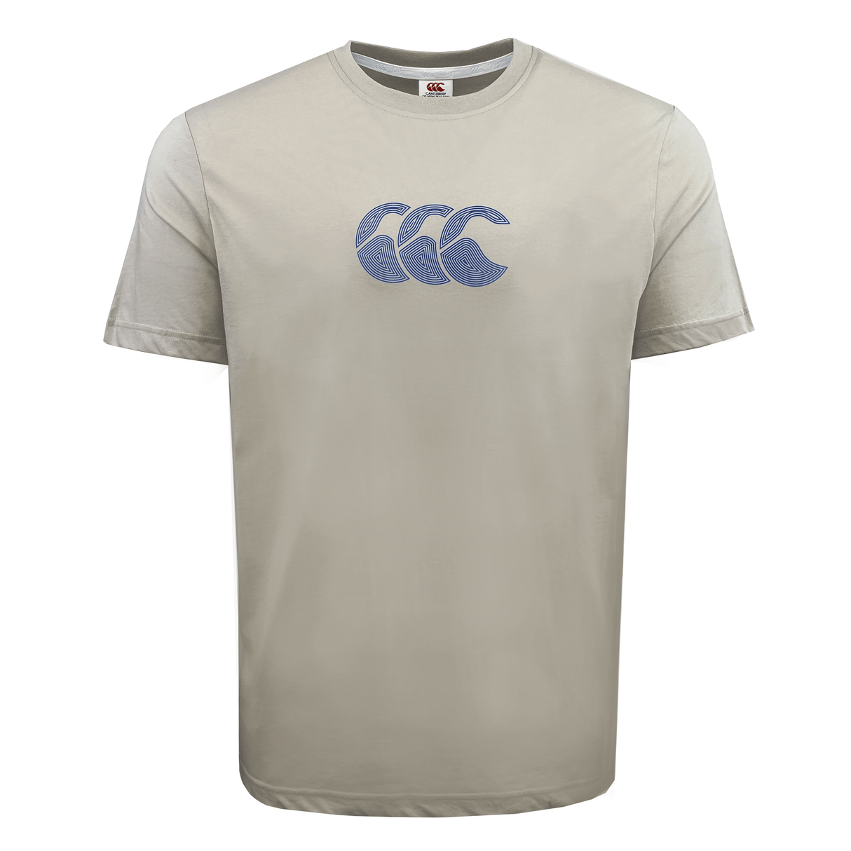 The Canterbury Radial CCC Logo T-Shirt, in beige, features short sleeves and a blue "CCC" logo on the chest. Made from a premium cotton-heavy blend, it combines classic style and comfort for everyday wear.