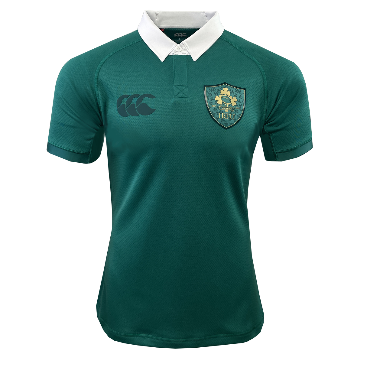 Introducing the Ireland 150th Anniversary Home Test Jersey by Canterbury: a green performance fit rugby jersey featuring a white collar. Celebrating this significant milestone, it proudly displays a three-shamrock logo on the left chest and Canterbury's emblem on the right chest. Perfect for both fans and players, this jersey beautifully merges tradition with modern style.