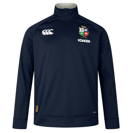 Navy blue 1/4 zip fleece by Canterbury with a high collar, featuring the Canterbury and Haden logos, and a multi-emblem crest on the chest inspired by the British & Irish Lions.