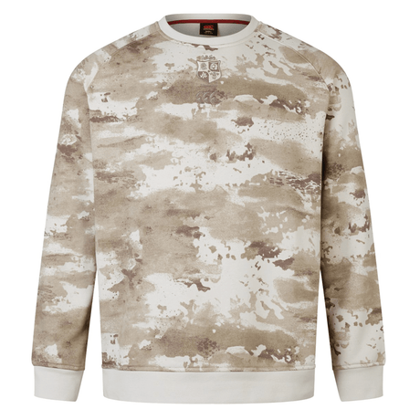 Set against a simple backdrop, the British & Irish Lions 25 Camo Crew Sweatshirt by Canterbury showcases a beige and brown camouflage design, ideal for supporters of the British & Irish Lions.