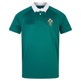 The Ireland 150th Anniversary Pro Home Jersey by Canterbury is a green rugby jersey with a white collar that commemorates the 150th anniversary of Ireland Rugby. It prominently showcases the IRFU logo on the chest and incorporates Vapodri Technology for improved performance.