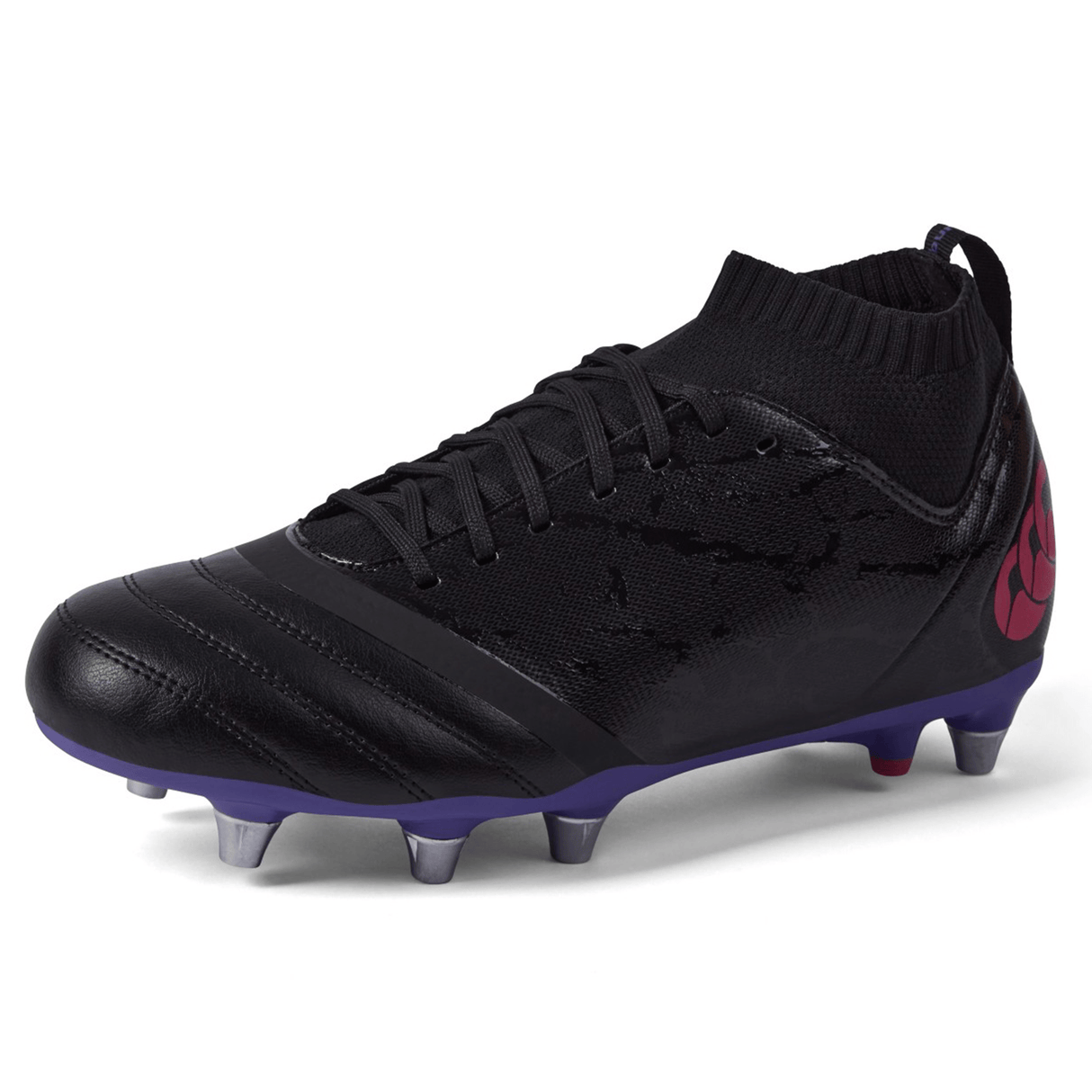 A single Canterbury Stampede Pro SG rugby boot with a high-ankle design, purple accents, and soft ground traction.