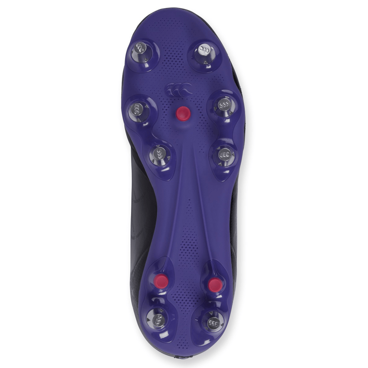 A rugby boot, the Canterbury Stampede Pro SG - Black/Prism Violet, with purple studs and soleplate, viewed from the bottom, designed for soft ground traction.