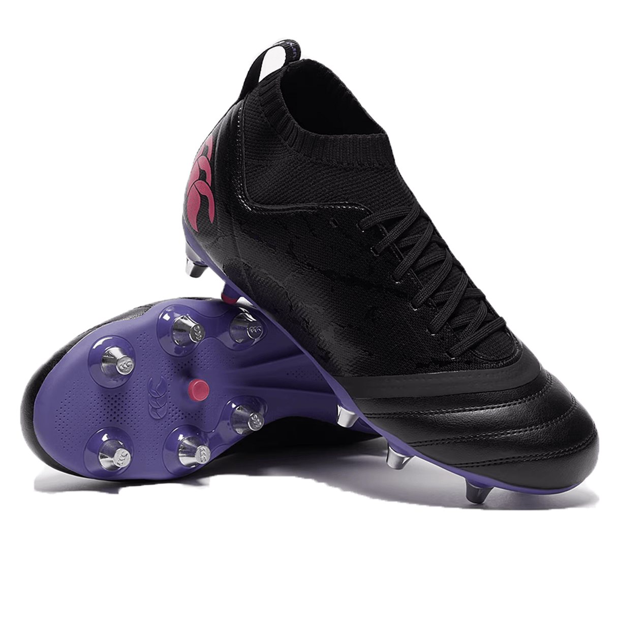 Sentence with replaced product:
Black and purple Canterbury Stampede Pro SG - Black/Prism Violet rugby boots with studs for soft ground traction on a white background.