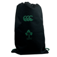 The Ireland 24 Gym Sack by Canterbury is a black drawstring bag that prominently displays the CCC logo and IRFU clover emblem in green.