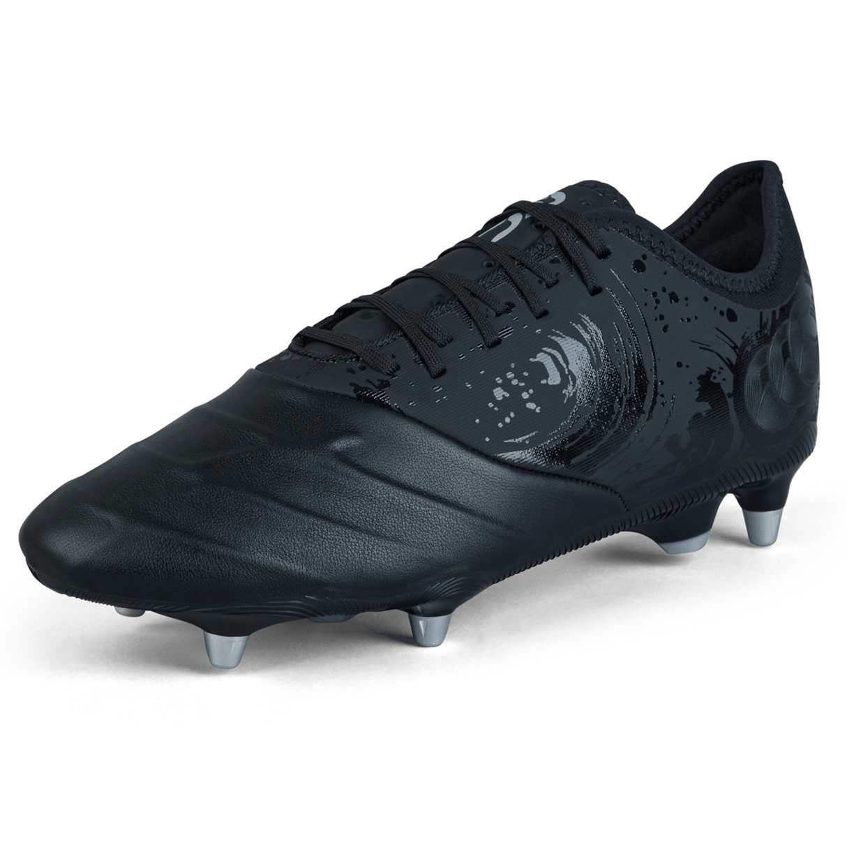 The Canterbury Phoenix Genesis Pro SG in black and silver metallic boasts a sleek design with silver studs on a white background, offering ultimate traction and making it the perfect soft ground boot.