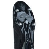 A close-up view of the sole of a black Canterbury Phoenix Genesis Pro SG - Black/Silver Metallic by Canterbury, showcasing its stud configuration with four metal studs at the front for ultimate traction on soft ground.