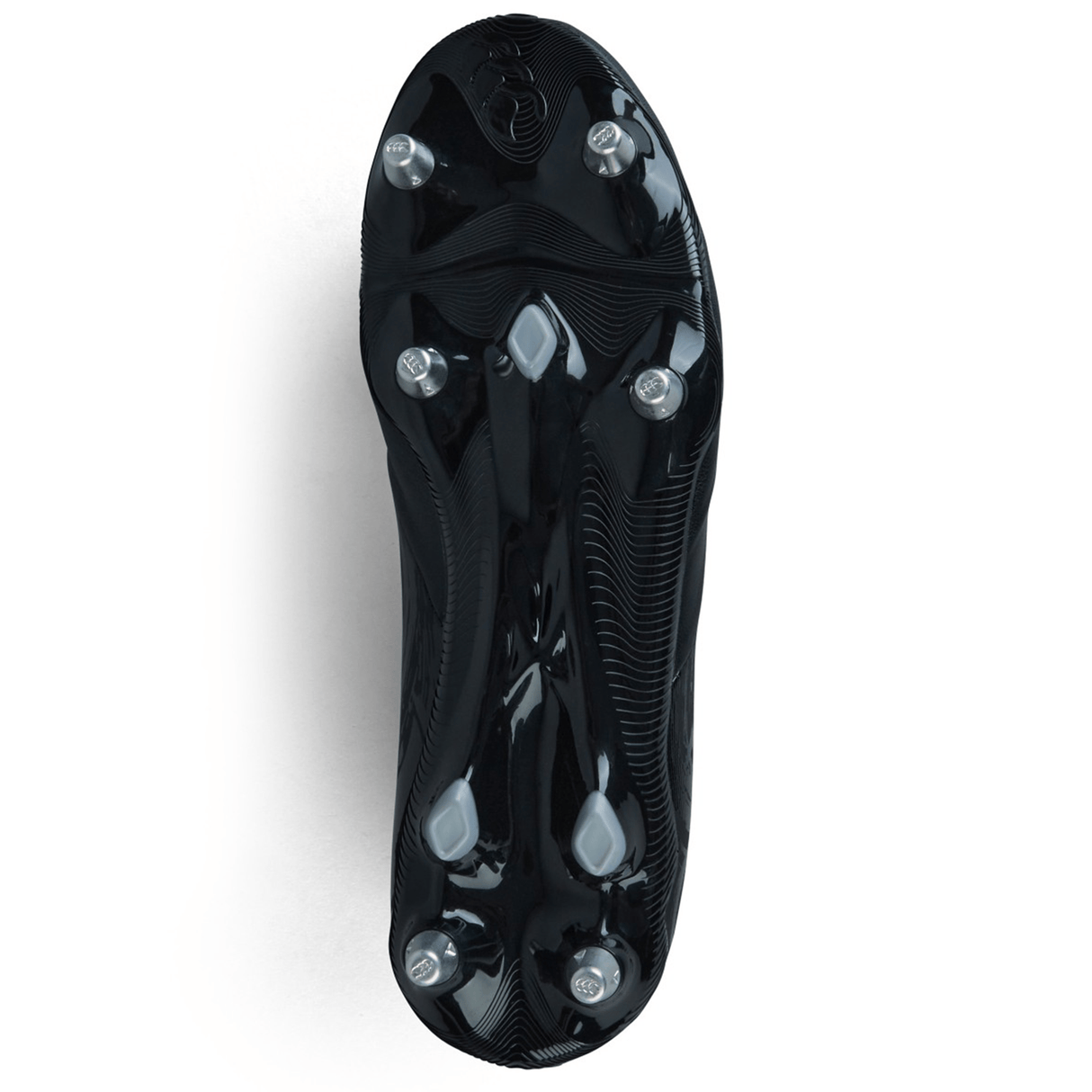 Bottom view of the Canterbury Phoenix Genesis Pro SG - Black/Silver Metallic boot from Canterbury, featuring six strategically arranged metal studs for ultimate traction.