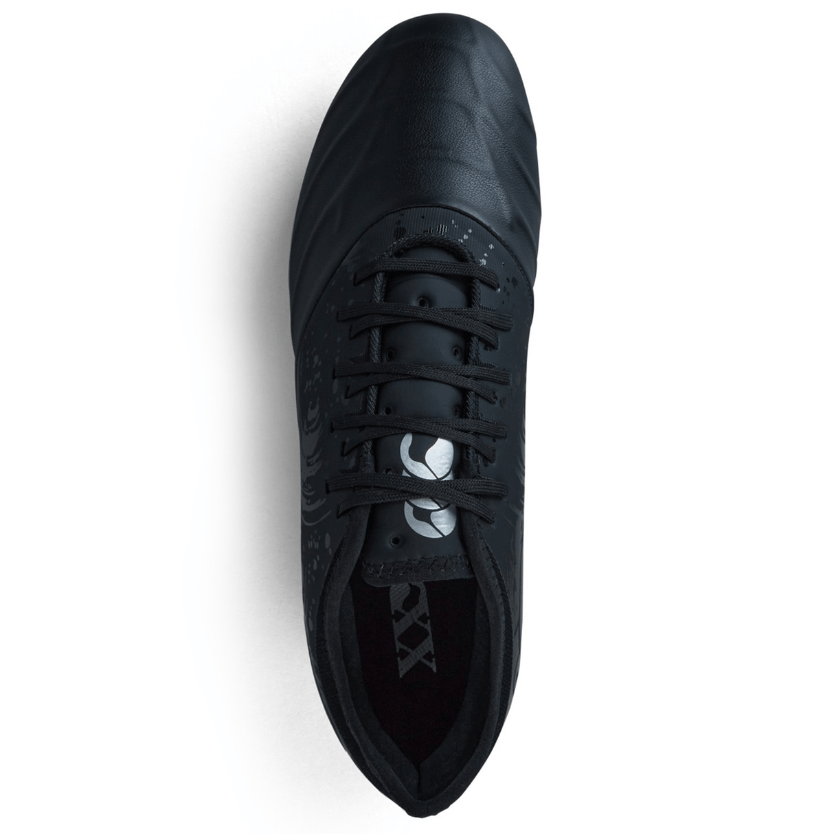 Top view of the Canterbury Phoenix Genesis Pro SG, a black and silver metallic athletic shoe featuring a sleek, minimal design, lace-up closure, and excellent traction.