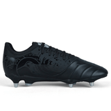 The Canterbury Phoenix Genesis Pro SG in Black/Silver Metallic is a soccer cleat with studs on the sole, designed for optimal traction during outdoor play.