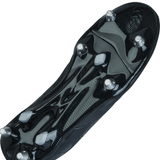 Close-up view of the sole of the Canterbury Phoenix Genesis Pro SG - Black/Silver Metallic cleat, featuring metal studs designed for optimal traction on soft ground.