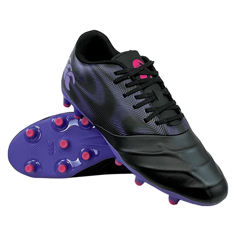 A black and purple Canterbury Phoenix Genesis Team FG - Black/Verbena soccer cleat with a patterned design and pink accents, featuring a synthetic leather forefoot designed for firm ground play.