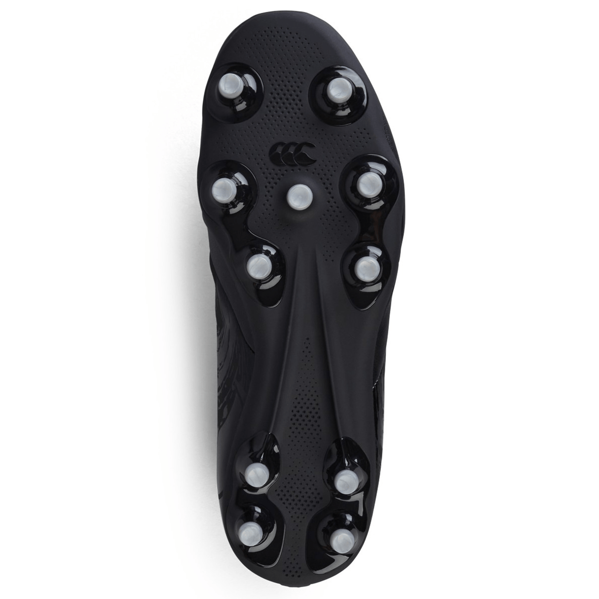 The image displays the underside of a Canterbury Phoenix Genesis Team FG boot in black and silver metallic, featuring the Canterbury logo and eight screw-in studs for improved traction.