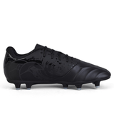 Side view of the Canterbury Phoenix Genesis Team FG - Black/Silver Metallic soccer cleat showcasing a sleek design with subtle patterns on the synthetic leather forefoot and a series of studs on the outsole for firm ground traction. Part of the Phoenix Genesis Team collection by Canterbury.