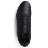 Top view of a single black athletic shoe with laces and a rounded toe. The firm ground boot, known as the Canterbury Phoenix Genesis Team FG - Black/Silver Metallic, features some design details near the laces and a synthetic leather forefoot.