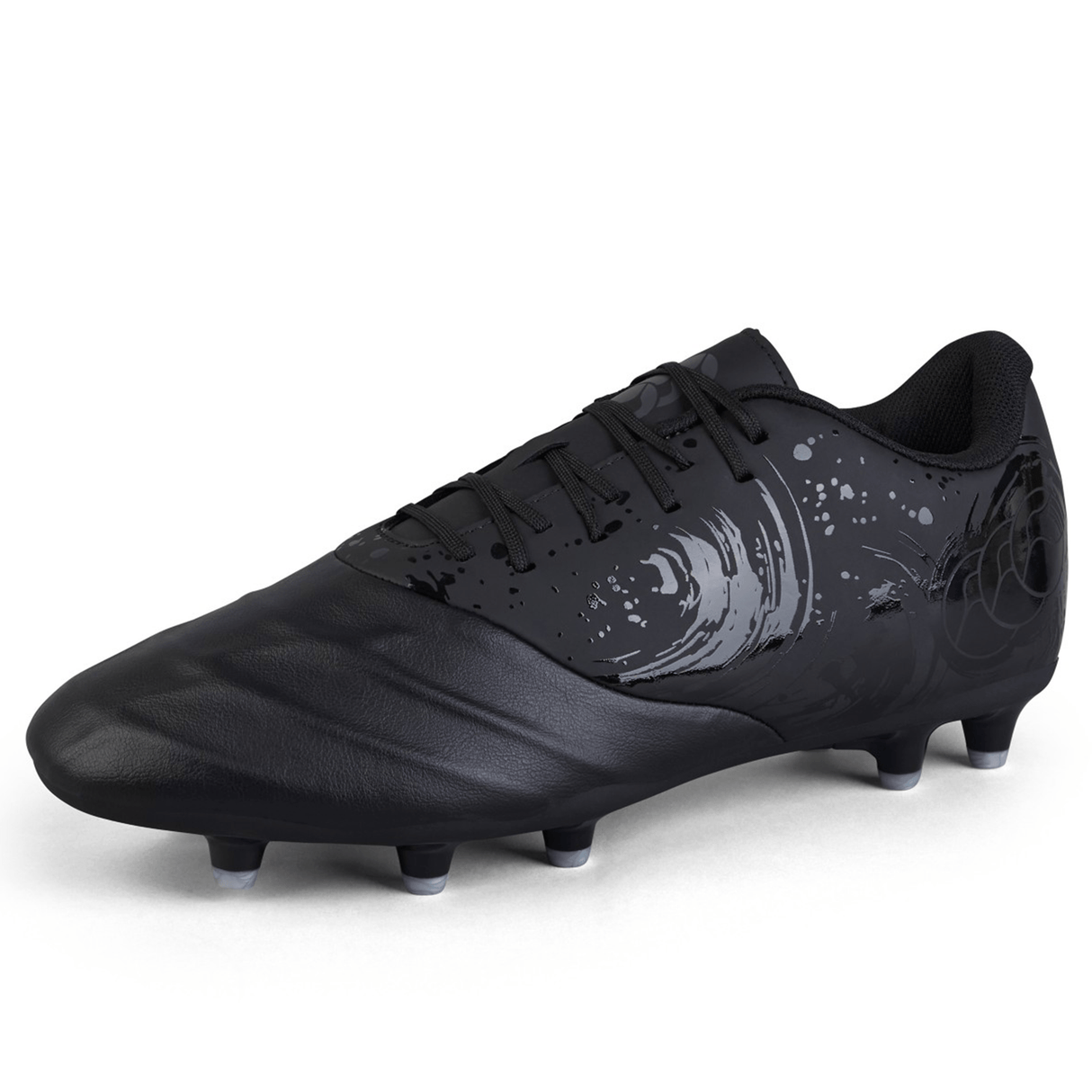 The Canterbury Phoenix Genesis Team FG - Black/Silver Metallic soccer cleat boasts a sleek black design with a synthetic leather forefoot and textured pattern. It features conical studs on the sole for superior traction, making it an excellent choice for outstanding performance on firm ground.