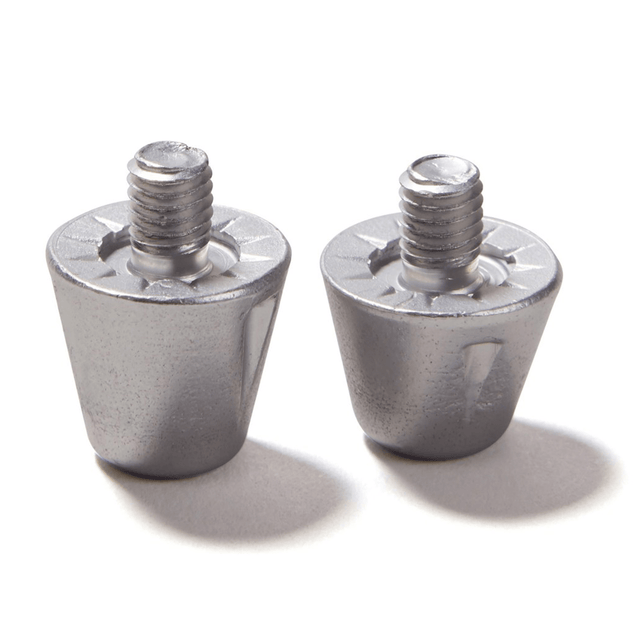 Two Canterbury Long Performance Studs, featuring silver metal spikes with threaded tops, are placed side by side on a plain white background.