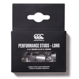 The black packaging, labeled "Canterbury Long Performance Studs," contains metal studs for rugby boots. The pack includes 4 studs of 15mm and 8 studs of 13mm, all from the Canterbury brand.