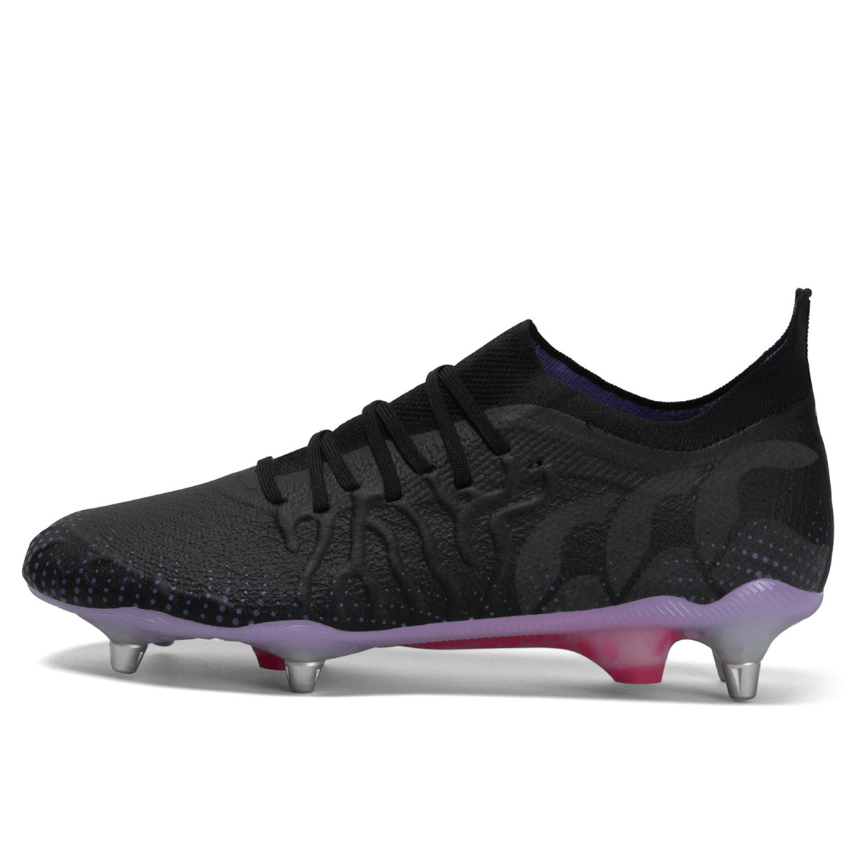 The Canterbury Speed Infinite Elite SG - Black/Verbena soccer shoe boasts advanced acceleration, designed specifically for lightning-quick backs. Its sleek black design features a vibrant purple sole.