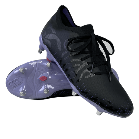 A pair of Canterbury Speed Infinite Pro SG rugby boots in Black/Verbena, with a purple sole and white detailing, viewed from an angle showing the top and bottom.