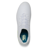 Top view of a single white Canterbury Speed Infinite Team FG rugby boot with laces.