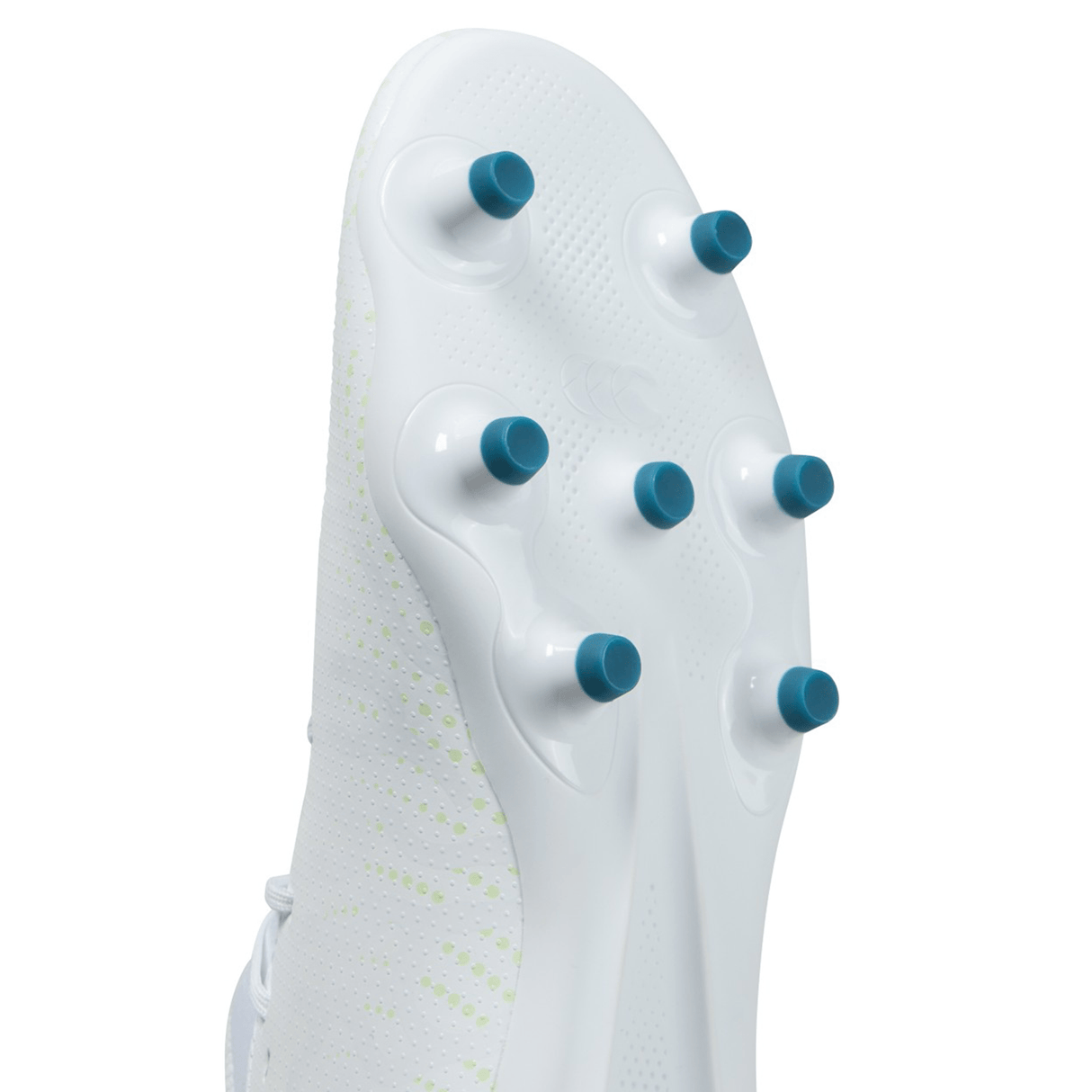 Close-up of a Canterbury Speed Infinite Team FG - White/Luminous rugby boot sole with blue studs.