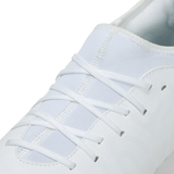 Close-up of a white Canterbury Speed Infinite Team FG rugby boot showing laces and side stitching details.