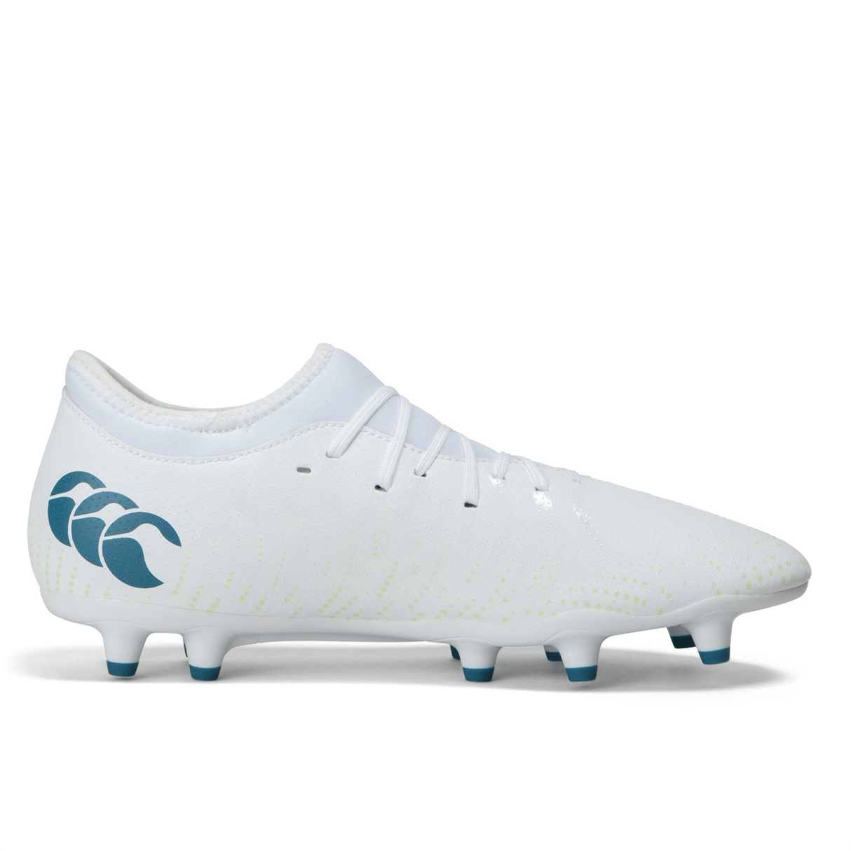 White Canterbury Speed Infinite Team FG rugby boots with blue logo on a white background.