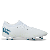 White Canterbury Speed Infinite Team FG rugby boots with blue logo on a white background.