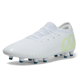 A white Canterbury Speed Infinite Team FG rugby boot with blue studs and a light green logo, featuring a lightweight design.