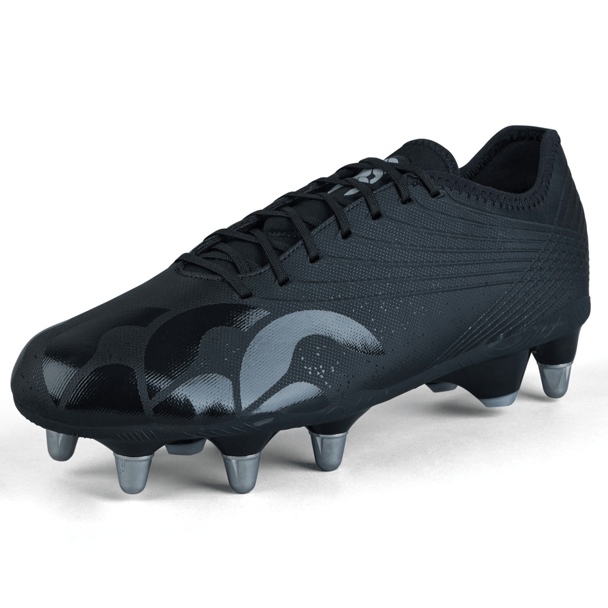 The Canterbury Stampede Groundbreak Pro SG - Black/Silver Metallic rugby boot boasts a sleek black design with metal studs, providing enhanced traction on soft ground surfaces and optimizing power transfer.