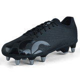 The Canterbury Stampede Groundbreak Pro SG - Black/Silver Metallic rugby boot boasts a sleek black design with metal studs, providing enhanced traction on soft ground surfaces and optimizing power transfer.