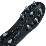 The image shows the sole of a Canterbury Stampede Groundbreak Pro SG football cleat in Black/Silver Metallic, featuring metal studs designed for optimal power transfer on firm ground surfaces.