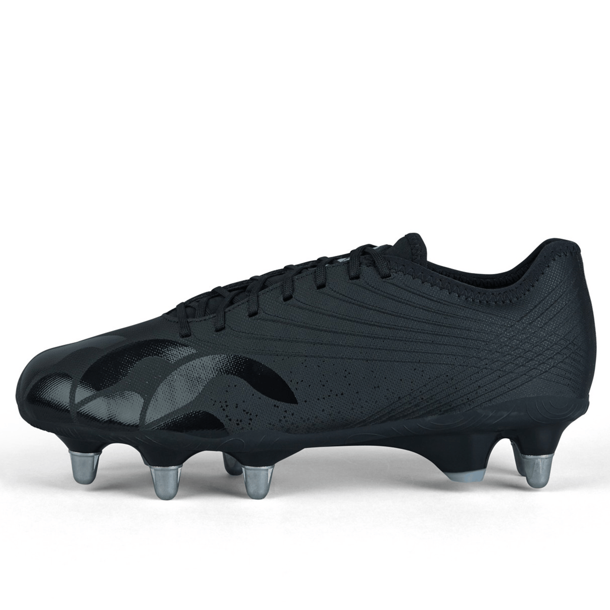 The Canterbury Stampede Groundbreak Pro SG - Black/Silver Metallic is a sleek black soccer cleat featuring metal studs on the sole for traction on soft ground. Its streamlined design and textured upper provide excellent grip, ensuring optimal power transfer with every step.